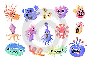 Germ character. Cartoon virus or microbe cell with funny faces. Caricature flu disease bacteria. Microscopic monsters