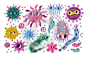 Germ characters. Cartoon bacteria and viruses. Kids comic unicellular microorganisms. Harmful and beneficial microbes