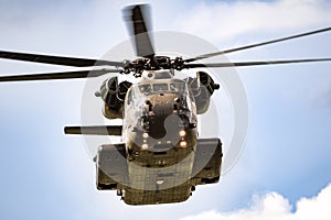 German Air Force Sikorsky CH-53 Stallion transport helicopter in flight over Fliegerhorst Jagel, Germany - June 13, 2019