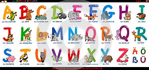 German alphabet with cartoon animals set