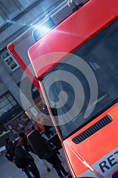 German ambulance car with flashing warning lights