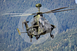 German Army Airbus Helicopters Tiger. Military attack helicopter at air base. Aviation and rotorcraft. Transport and airlift.