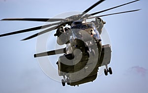German Army Sikorsky CH-53 Stallion transport helicopter in flight over Fliegerhorst Jagel, Germany - June 13, 2019