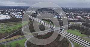 German autobahn infrastructure, highway intersection in the form of a clover. Birds eye aerial drone view