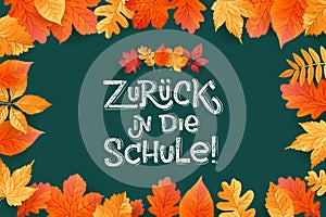 German Back to School text drawing by white chalk on Green Chalkboard. Autumn leaves education vector illustration banner.