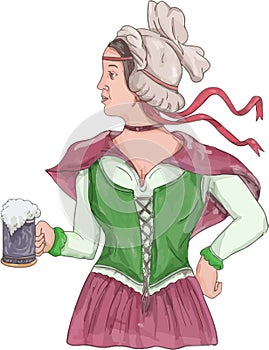 German Barmaid Serving Beer Watercolor