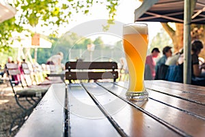 German Beer 0,5 Liter on Wooden Table Biergarten Traditional Culture Beautiful Day