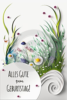 German Birthday card, AI generative. Layered paper grass and flowers. Text Alles Gute zum Geburtstag - Happy Birthday in German