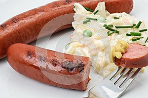 German Bratwurst sausage with coleslaw