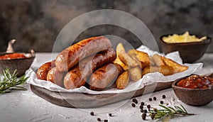 German bratwurst sausages and fried potatoes food photography