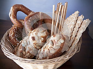 German bread assortement with grissini and crackers