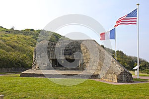 German Bunker, Omaha Beach, American and French Flags