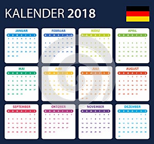 German Calendar for 2018. Scheduler, agenda or diary template. Week starts on Monday