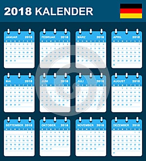 German Calendar for 2018. Scheduler, agenda or diary template. Week starts on Monday