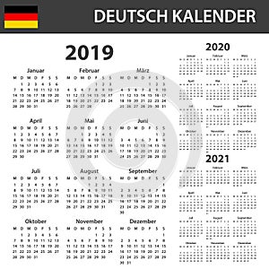 German Calendar for 2019, 2020 and 2021. Scheduler, agenda or diary template. Week starts on Monday