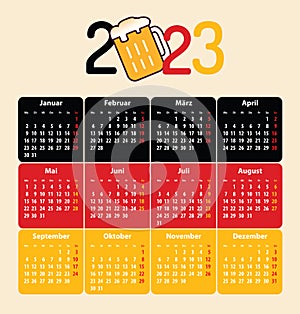 German calendar for 2023. Cup of beer