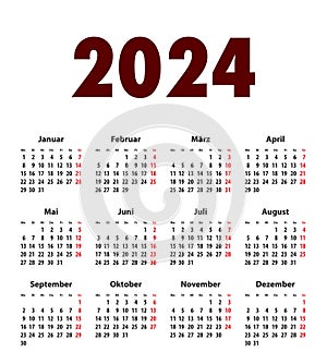 German Calendar grid bold digits for 2024. MF