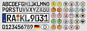 German car plate, letters, numbers and symbols, germany