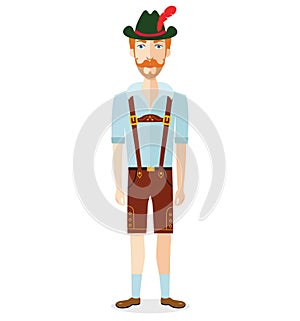 German cartoon oktoberfest man in traditional costume flat vector illustration isolated on white