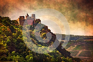 German Castle on hillside with vintage texture