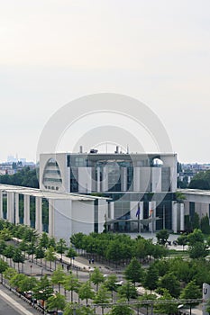 German Chancellery building exterior view from rooftop of Reichstag in summer