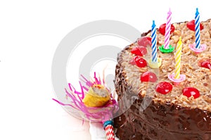 German Chocolate Birthday Cake with Candles and Vintage Party Horn