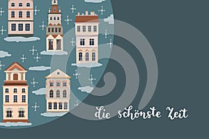 German Christmas greeting card design. Cozy winter houses on dark background.