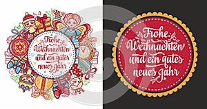 German Christmas and New year. Christmas in different languages. English translation: Happy Christmas and happy New Year