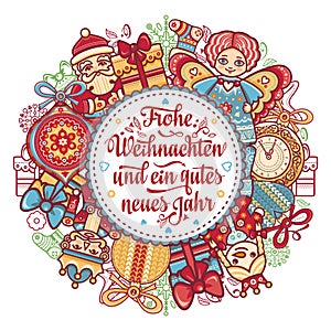 German Christmas and New year. Christmas in different languages. English translation: Happy Christmas and happy New Year