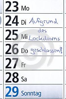 German closed due to covid-19, Calendar and lockdown, coronavirus