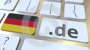 German domain .de and flag of Germany on the buttons on the computer keyboard. National internet related 3D animation