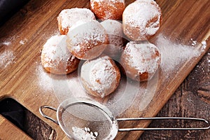 German donuts. berliner or quarkbÃ¤llchen with jam and icing su