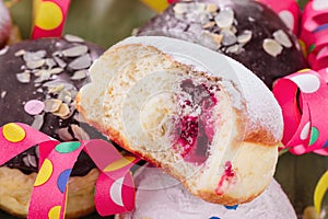 German donuts - krapfen or berliner - filled with jam for carnival.