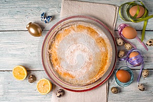 German Easter cake and eggs on a napkin
