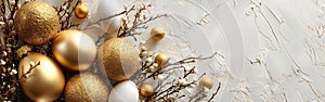 German Easter Celebration with White and Golden Eggs, Palm Branches on Textured Background