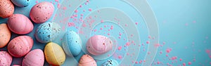 German Easter Decoration Banner with Hanging Pastel Eggs on Textured Pink and Blue Background