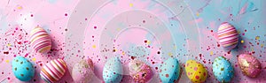 German Easter Egg Banner: Pastel Decorations on Textured Pink and Blue Background