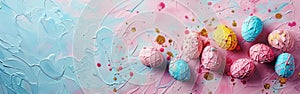 German Easter Holiday Decoration Banner: Hanging Pastel Eggs on Pink & Blue Textured Background