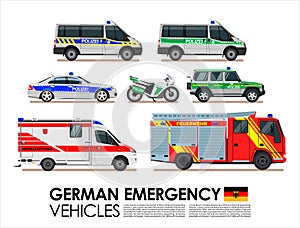 German emergency cars vehicles transport set. Police car, Fire truck, Ambulance van Emergency cars of Deutsche flat design photo