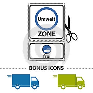 German Environment Zone Blue - Translation: Environmental Zone Free - Vector Sticker Illustration With Scissor And Cut Line