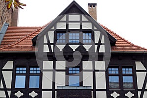 German facade of a half-timbered house close-up