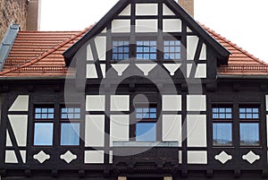 German facade of a half-timbered house close-up