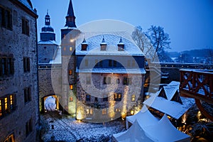 German fairytale castle in winter landscape. Castle Romrod in Hessen, Germany