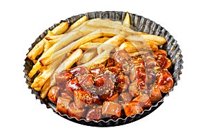 German fastfood currywurst meal, curry wurst with french fry. Isolated on white background. Top view.