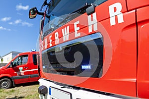 German fire engine stands on a deployment site