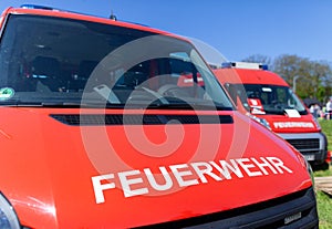 German fire engine stands on a deployment site.