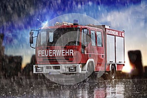 German fire truck in the rain composing