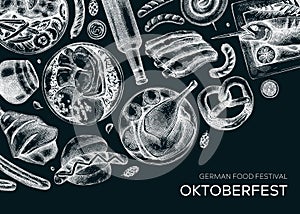 German food background on chalkboard. Oktoberfest menu design. Vector meat dishes sketches. German cuisine banner in vintage style