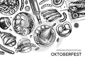 German food background. Oktoberfest menu design. Vector meat dishes sketches. German cuisine banner in vintage style. Traditional