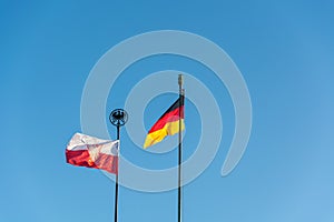 German and Frankfurt flag above the Festhalle at the exhibition